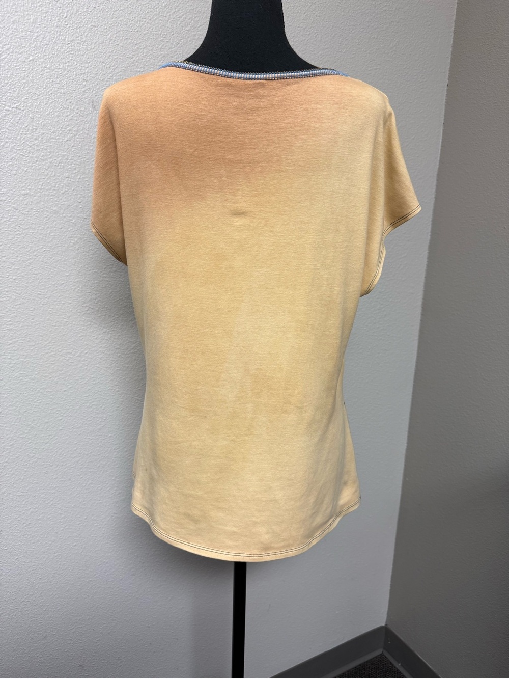 BambooCo XL Pima Cotton Navy Scroll Graphic Tan Stretch Short Sleeve Tee Top - Picture 6 of 14